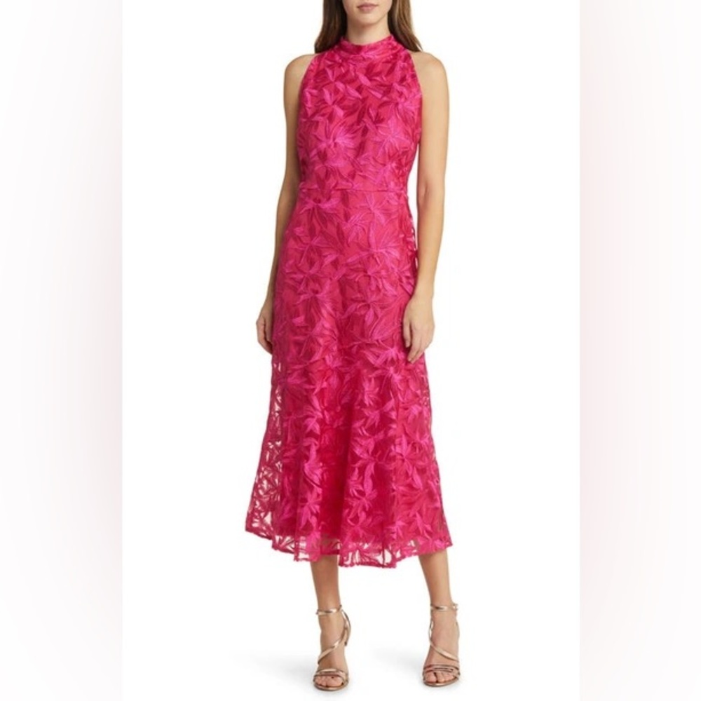 Sam Edelman Leafy Embrodiery High Neck Pink Dress